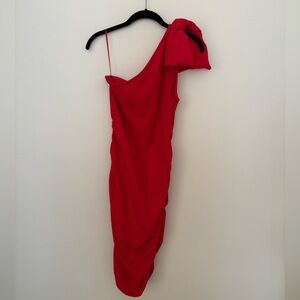 French Connection Red One-Shoulder Ruched Dress with Bow